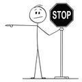 Vector Cartoon of Man or Businessman Holding Stop Sign and Pointing