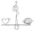 Vector Cartoon of Man or Businessman Thinking on Seesaw and Balancing Heart and Brain as Emotion and Logic Metaphor Royalty Free Stock Photo