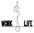 Vector Cartoon of Man or Businessman Thinking on Seesaw and Balancing Time Between Work and Life