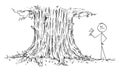 Vector Cartoon of Man or Businessman Unable to Cut Down Large Tree with Small Ax or Axe