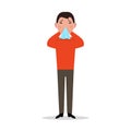 Vector cartoon man caught cold, sneeze, ill flu