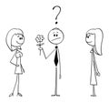 Vector Cartoon of Man on Date Holding Flower and Deciding Between Two Women or Girls