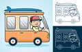 Vector cartoon of a man driving van loading surfboard Royalty Free Stock Photo