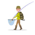 Vector cartoon man fisherman fishing vacation