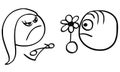 Vector Cartoon of Man With Flower and Angry Woman on Date.