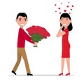 Vector cartoon man gives flowers to a woman Royalty Free Stock Photo