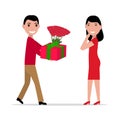 Vector cartoon man gives gift and flowers to woman Royalty Free Stock Photo