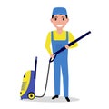 Vector cartoon man holding a high pressure washer