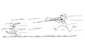 Vector Cartoon of Man with Rifle or Hunter Running and Chasing and Shooting at Rabbit or Hare or Jackrabbit.