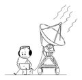 Vector Cartoon of Man or Scientist Hearing the Space Alien Signal From NASA SETI Antenna