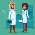 Vector cartoon man woman muslim arab doctors set