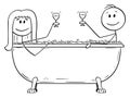 Vector Cartoon of Man and Woman Relaxing Together in Batch Tub with Glass of Wine