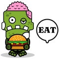 cartoon zombie skull mascot eating burger