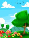 Vector cartoon meadow scene tree flower farm cloud sky bird kid painting Royalty Free Stock Photo