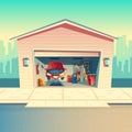 Vector cartoon mechanic workshop with car, garage Royalty Free Stock Photo