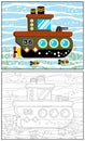 Vector cartoon of military submarine, coloring book or page