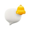 Vector cartoon minimal 3d white speech bubble with gold notification bell. Realistic render of chat messaging, customer