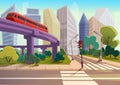 Vector Cartoon modern city panorama with glass skyscrapers and high way subway cityscape background.