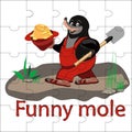 Vector Cartoon mole in overalls goes with shovel along the track in the morning. A mole holds hat filled with gold coins. For