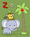 Vector cartoon of monkey and frog ride on elephant with a palm tree
