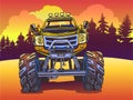 Vector Cartoon Monster Truck on the evening landscape in Pop Art style. Extreme Sports. Royalty Free Stock Photo
