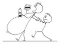 Vector Cartoon of Morbid Obese or Fat Man Eating Unhealthy Food While Another Man is Helping Him to Walk