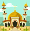 Vector cartoon mosque building with gold dome and tower Royalty Free Stock Photo