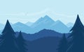 Vector cartoon mountains landscape with silhouette of pines on foreground. Royalty Free Stock Photo