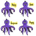 Vector cartoon octopus set or collection. Cartoon faces. Smiling, crying and surprised character face expressions. Isaolated vecto