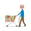 Vector cartoon old man with a shopping trolley