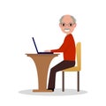 Vector cartoon old man sitting at desk with laptop