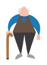 Vector cartoon old man standing with wooden walking stick