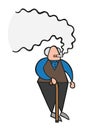 Vector cartoon old man standing with wooden walking stick and sm