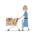 Vector cartoon old woman with shopping trolley Royalty Free Stock Photo