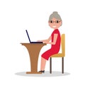 Vector cartoon old woman sitting at desk laptop Royalty Free Stock Photo