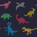 Vector Cartoon Pattern of colorful different dinosaur silhouette