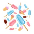 Vector cartoon pattern with stick ice cream bar, wafer cones, gelato cornets isolated on white. Royalty Free Stock Photo