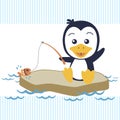 Cartoon of penguin`s fishing time Royalty Free Stock Photo