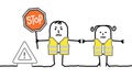 Cartoon people with safety yellow vest and stop sign