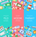 Vector cartoon pharmacy or medicines vertical banner templates