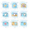 Vector cartoon photo camera set icon in comic style. Photographer cam sign illustration pictogram. Camera business splash effect Royalty Free Stock Photo