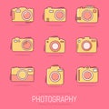 Vector cartoon photo camera set icon in comic style. Photographer cam sign illustration pictogram. Camera business splash effect Royalty Free Stock Photo