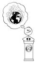 Vector Cartoon of Politician Speaking on Podium Behind Lectern and Dreaming About World Destruction and Global War