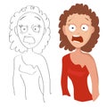 Vector cartoon portrait of a woman screaming in fright on a white background