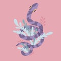 Vector cartoon postcard with a violet tracery snake with herbs and stems with foliage on a pink background. Flat hand drawn