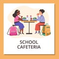 Vector cartoon poster with cute boy and girl are sitting at the table eating salad, cake and milk in orange frame Royalty Free Stock Photo