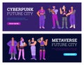 Vector cartoon posters set with cyberpunk robotic people from future metaverse city, cyborg human with bionic prostheses