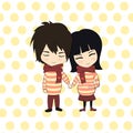 Vector Cartoon Pregnant Woman and Man Holding Hands on Doodle Yellow Circles Background, Pregnancy Concept.