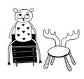 Vector cartoon pretty sheep toy on the bedside table and elk-chair