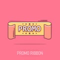 Vector cartoon promo ribbon icon in comic style. Discount sticker label sign illustration pictogram. Promo business splash effect